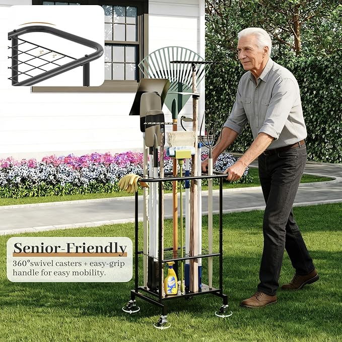 Garden Tool Organizer with Wheels, Heavy Duty Metal Garage Tool Storage Rack, Yard Tool Holder for Long-Handled Tools, Rakes 