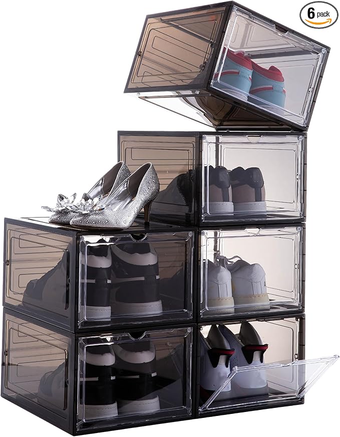 Attelite Shoe Box,Set of 6,Stackable Plastic Clear Shoe Box Organizer with Magnetic Door,Shoe Storage Box Thicken Sturdy,Easy
