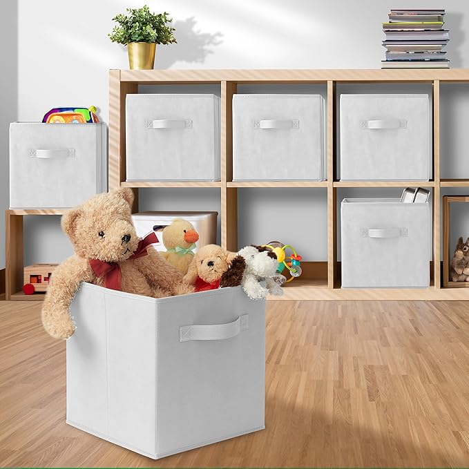 Casafield Set of 6 Collapsible Fabric Cube Storage Bins, White - 11" Foldable Cloth Baskets for Shelves, Cubby Organizers & M