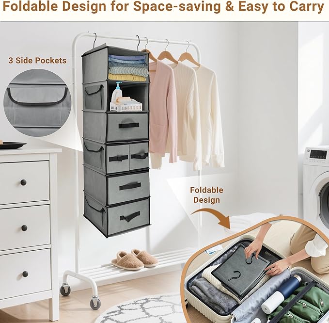 Durable 6-Tier hanging closet organizer with 5 Drawers & 3 Side Pocket,Thickened Fabric Hanging Shelves Holder with Sturdy Ho