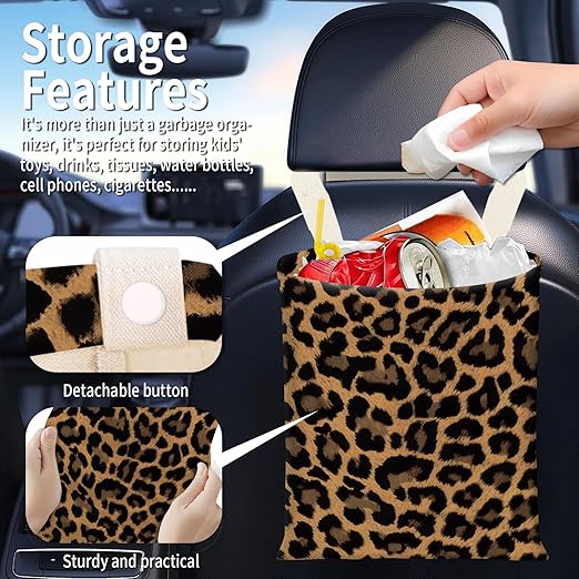 Hanging Car Garbage Bag, Cute Car Trash Can Bag, Automotive Accessories for Women Men Cute Black Brown Leopard
