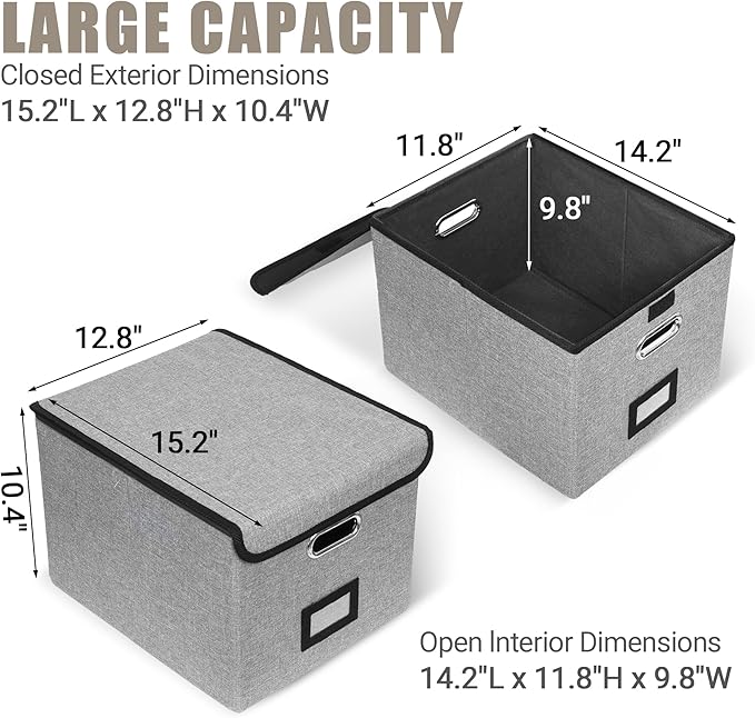 2Pack File Storage Organizer with 10 Hanging Folders & Plastic Slide, Collapsible Linen File Box with Lid for Office, Home, M