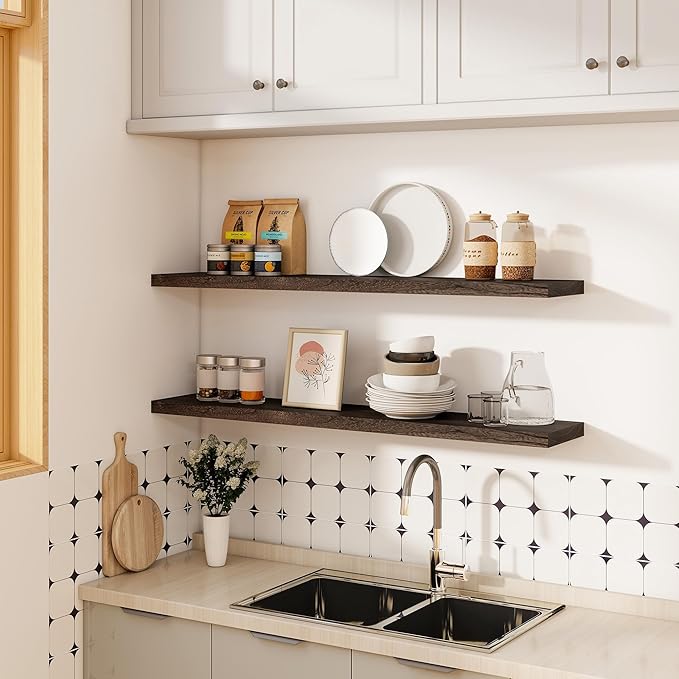 Vivelove Elm Wood Floating Shelves, Wooden Shelves for Wall with Invisible Bracket for Living Room Bedroom Bathroom Office Bo
