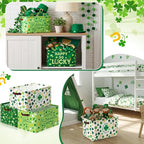 Boao 3 Pack Saint Patrick's Day Storage Baskets for Gifts Empty Collapsible Large Lucky Clover Storage Bins, Canvas Laundry B
