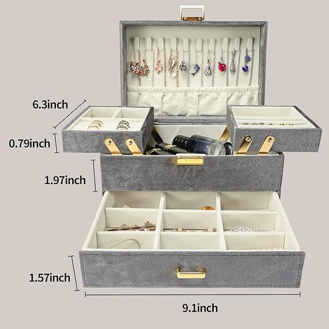Dajasan Jewelry Organizer Box, Large Velvet Jewelry Boxes for Women Girls, Space-Saving 3 Layers Jewelry Storage Case with Dr
