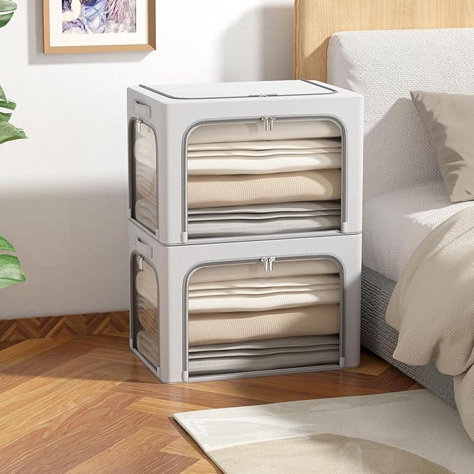 3Pack Clothes Storage Bins - Oxford Frame Storage Box Foldable Stackable Storage Organizer with 3 Openings Design, Metal Fram