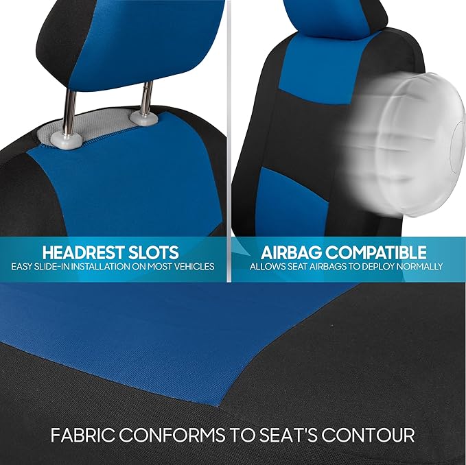 BDK PolyPro Car Seat Covers Full Set in Blue on Black – Front and Rear Split Bench Seat Covers for Cars, Easy to Install Car 