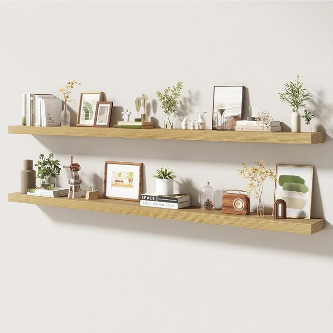 72 Inch Floating Shelves | 6.5 Inch Deep Oak Floating Shelves Set of 2 | 72" W x 6.5" D Rustic Oak Shelves with Invisible Bra