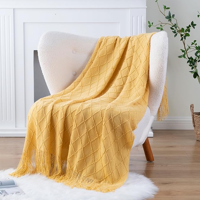 BATTILO HOME Mustard Throw Blanket with Fringe Geometric Bed Gold Yellow Throws Breathable Decorative Large Throw for Couch S