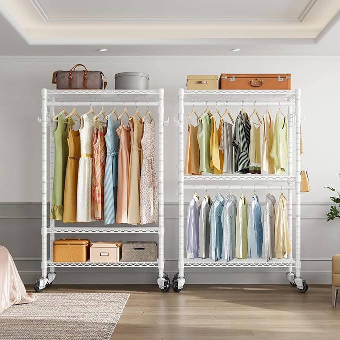 VIPEK R2 Heavy Duty Rolling Garment Rack 3 Tiers Adjustable Clothes Racks with Double Rods & Hooks, Freestanding Wardrobe Clo