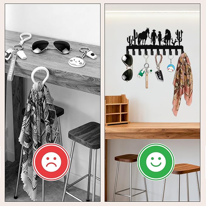 Western Key Holder with 10 Hooks, Cowboy Couple Wall Decor with Two Horses, Rustic Cowboy Hat Rack for Wall, Western Style Co