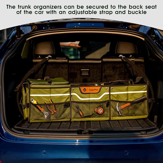Car Trunk Organizer for SUV, Heavy Duty Waterproof Trunk Organizer, Foldable Collapsible Car Organizer with Cooler, Multi-Comp