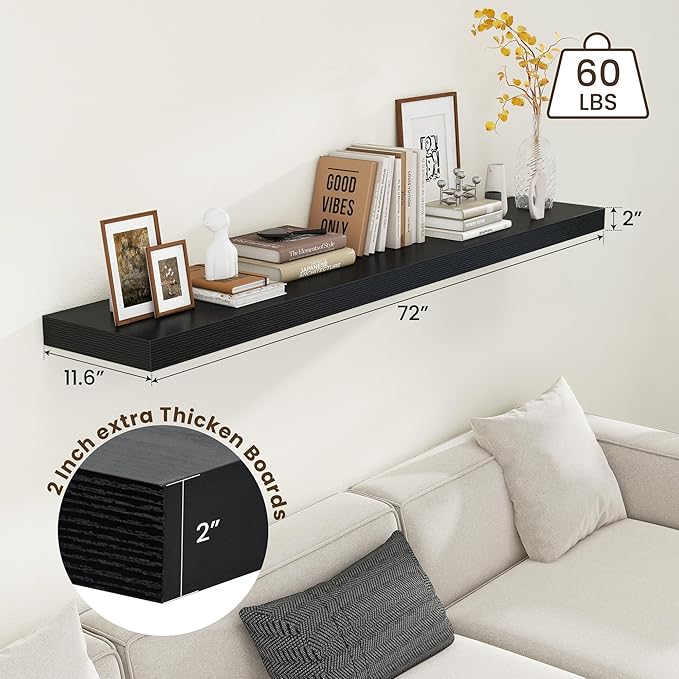 72 Inch Black Floating Shelf | 12 Inch Deep Floating Shelves Set of 1 | 72" D x 12" D Rustic Wood Shelves for Wall | Deep Bla