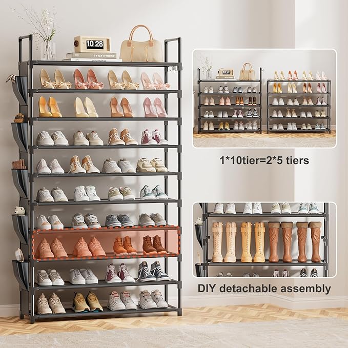 LUKYTOWER Tall Shoe Rack 10 Tier Shoe Racks Organizer for Closet 40-45Pairs,Large Capacity Storage Rack for Shoes with 5Hooks
