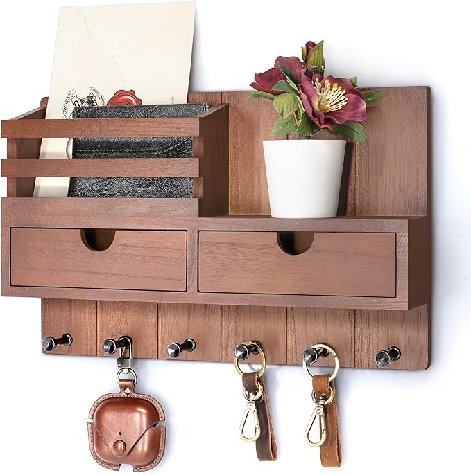 Rebee Vision Farmhouse Key Holder Wall Mount with 2 Drawer Organizer - Decorative Mail Organizer for wall with 6 Key Hooks - 
