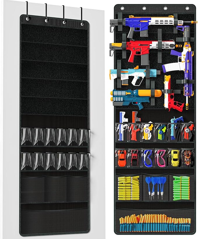 Over Door Toy Gun Storage, Hanging Organizer for Toy Guns, Hanging Toys Organizer with Pockets, Hook&Loop Straps for Foam Bla