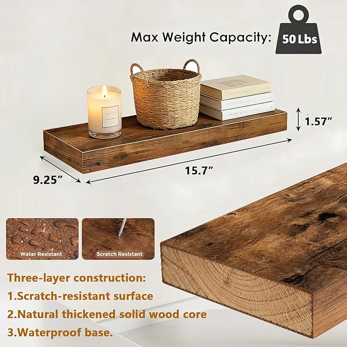 15.7 inch Rustic Brown Floating Shelves Set of 2, Solid Wood Wall Mounted Shelves, Heavy Duty Display Storage Shelves for Bed