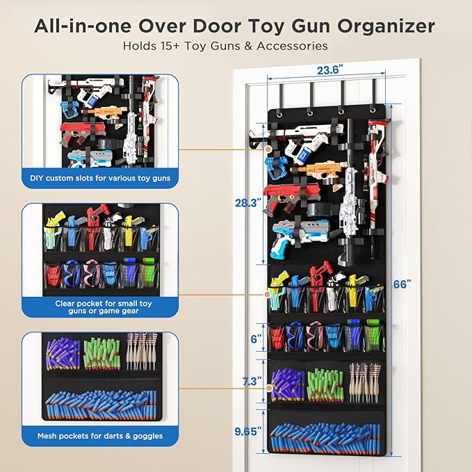 Over the Door Organizer for Toy Guns, Toys Storage Door Hanger with Pockets and Slots for Kids Foam Blasters, Darts, Goggles,