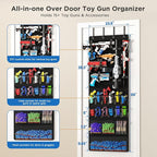 Over the Door Organizer for Toy Guns, Toys Storage Door Hanger with Pockets and Slots for Kids Foam Blasters, Darts, Goggles,