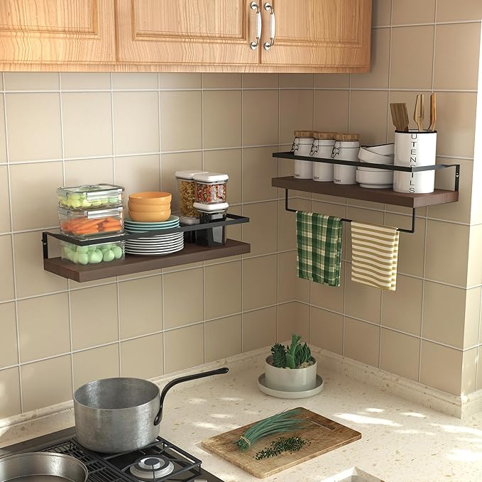 Wood Floating Shelves Wall Mounted - 2+1 Tier Rustic Bathroom Wall Shelves Over Toilet with Towel Bar, Natural Wood Set of 2 