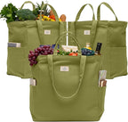 Nook Theory 3-Pack Reusable Grocery Bags - Heavy Duty, Large 12 Oz Cotton Canvas Reusable Shopping Bags With Pockets, 100% Cotton Cloth Grocery Totes, Foldable Multi Compartment (Sage)