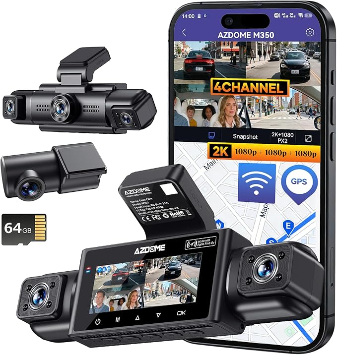 AZDOME 4 Channel Dash Cam 360°View,2K Dash Camera for Cars,Front and Rear Left Right Wireless Car Camera,Find My & APP Contro