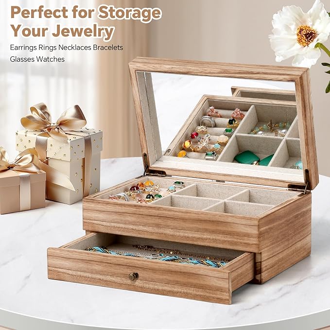 Meangood Jewelry Box Organizer for Women, 2 Layer Large Jewelry Storage Case, Rustic Wooden Jewelry Box with Mirror & Ring Tr