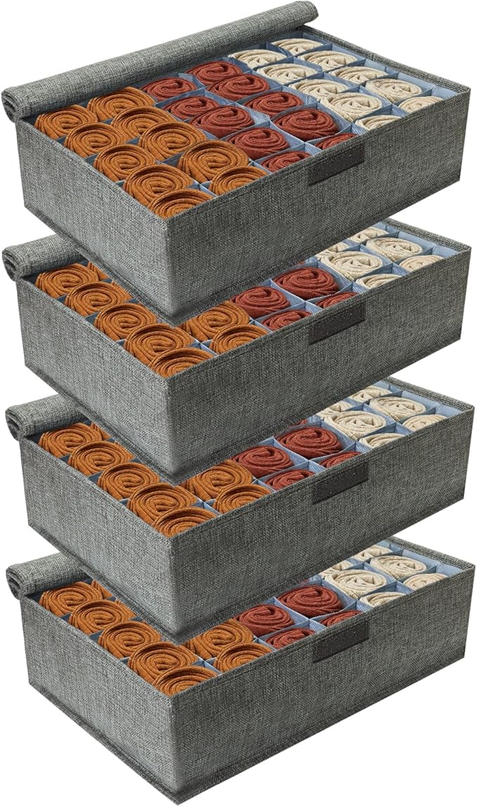 PINGMIC Gray Sock Organizer Divider 4 Pack with Lid - 30 Cell Foldable Closet Storage, Tie Organizer For Men Boxes for Socks,