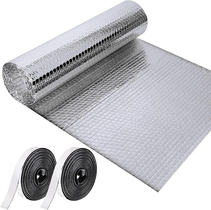 Frienda Rv Window Reflective Insulation Roll 47.2inch*20ft Double Aluminum Foil Heat Bubble Thermal Window Shade Door Cover Blackout for Garage Roof Travel Camper Skylight Shield