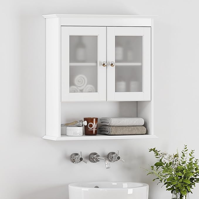 Spirich Bathroom Cabinet Wall Mounted, Medicine Cabinet Organizer with Glass Doors and Adjustable Shelves, Bathroom Wall Cabi
