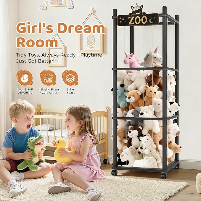 Stuffed Animal Storage Zoo Tower,56In Wooden Large Stuffed Animal Holder Organizer with Wheels,Stuffy Plushies Storage with E