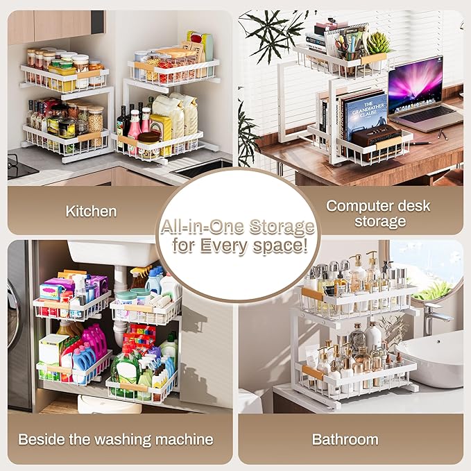 ADBIU Under Sink Organizer 2 Pack, Adjustable Height (11"-15.75") Under Cabinet Storage, 2 Tier Pull Out Sliding Drawers for 
