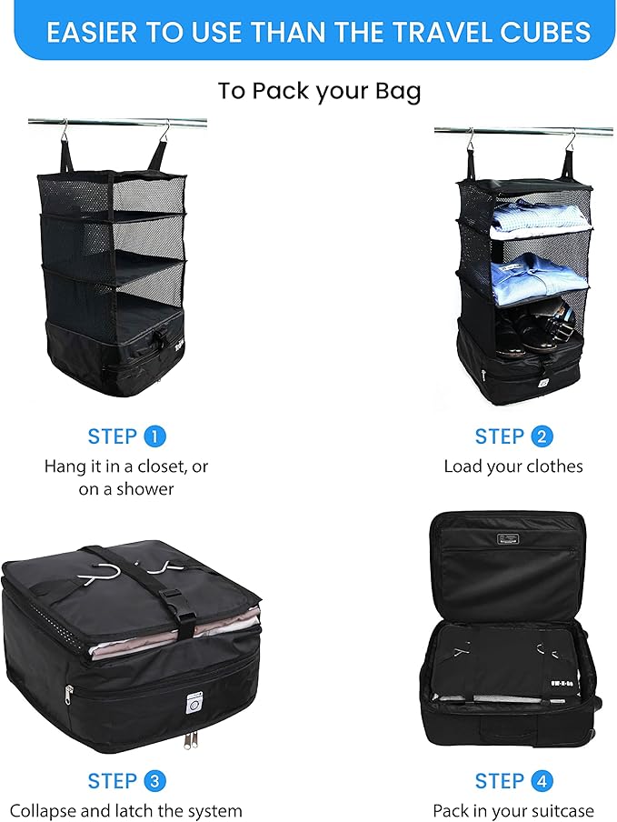 Grand Fusion Stow-N-Go Packing Organizer for Luggage, Portable Hanging Travel Shelves, Carry-On Closet, Hanging Packing Cubes
