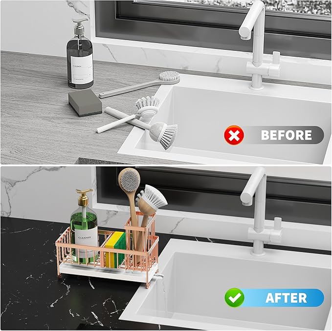 Cisily Sponge Holder for Kitchen Sink, Sink Caddy Organizer with High Brush Holder, Kitchen Countertop Organizers and Storage