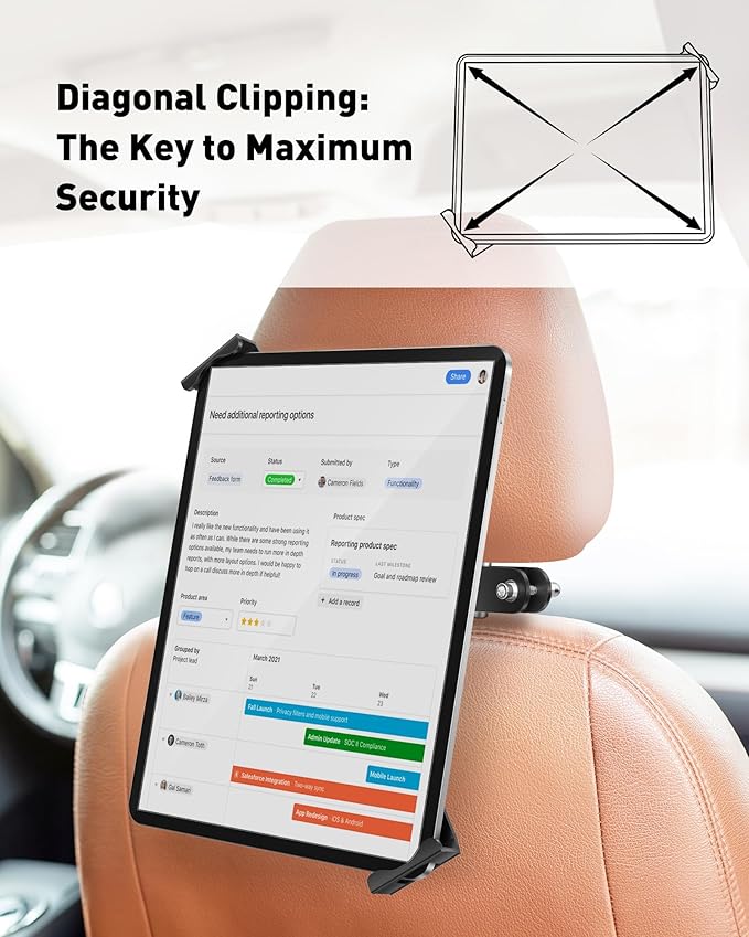 AboveTEK Tablet Holder for Car Headrest- Anti-Theft iPad Car Holder Back Seat, Secure Locking System with 360° Swivel, Universal for 4-11" Tablets, Durable Aluminum Mount for Travel & Business, Black