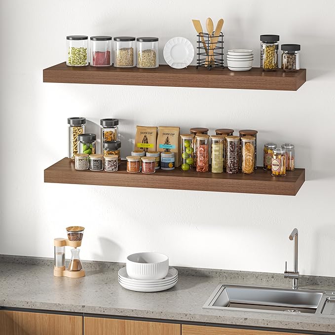 Dreamland 48" Floating Shelves for Wall, 12" Deep Thicker Walnut Floating Shelves, Wall-Mounted Shelves for Bedroom, Living R