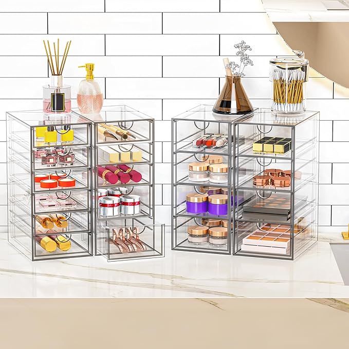 YFXCVSL Acrylic Makeup Organizer with 19 Drawers, 4 Pack Clear Storage Drawers, Bathroom Makeup Organizer for Palettes, Cosme