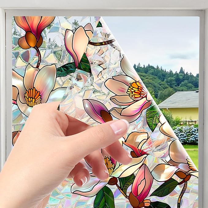 Niviy Magnolia Flowers Stained Glass Window Film, Rainbow Window Film Glass Decals Static Cling Stickers, Windows Tint for Home Bathroom (16.93 x 78.7inch)