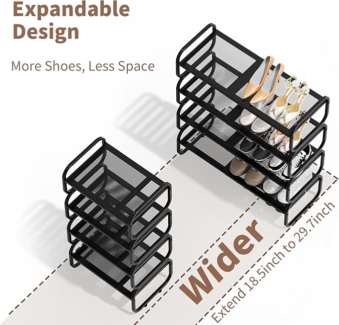 4Tier Shoe Rack - Expandable Shoe Organizer for Closet, Adjustable Metal Shoe Shelf Storage, Stackable Long Shoe Stand Holder
