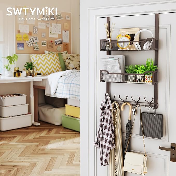 SWTYMIKI Over The Door Hooks Organizer - Multi-Functional Door Hanger with 16 Hooks & 2 Mesh Baskets, Long Coat Rack for Bath