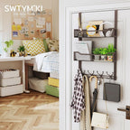 SWTYMIKI Over The Door Hooks Organizer - Multi-Functional Door Hanger with 16 Hooks & 2 Mesh Baskets, Long Coat Rack for Bath