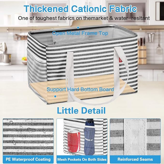 LHZK Standing Utility Tote Bag with Metal Wire Frame and the Sides Rinforced, Large Tote Bag with Handle, Reusable Grocery