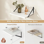 Deep Floating Shelves Wall Mounted, 16"x12" White Wall Shelves with Brackets Set of 2 for Bedroom, Living Room, Bathroom, Kit