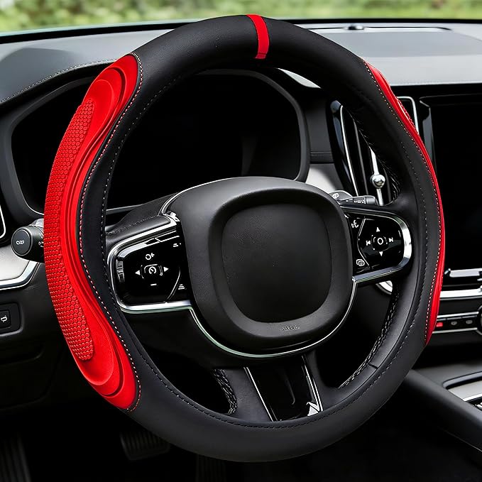 XCBYT Steering Wheel Cover - Red Leather Steering Wheel Wrap Great Grip with 3D Honeycomb Quick and Effortless Installation N