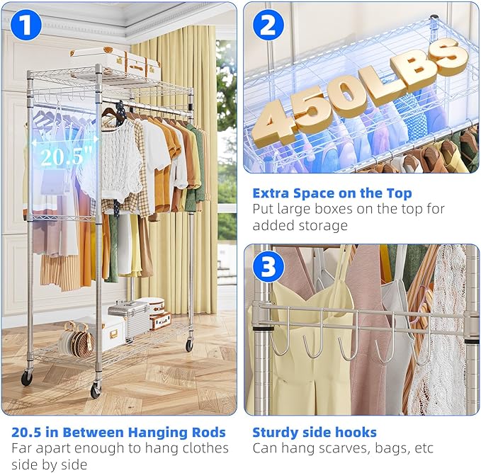Simple Trending Rolling Clothes Rack, Clothing Rack, Garment Racks for Hanging Clothes, Freestanding Portable Closet Organize