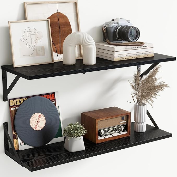 Floating Shelves with Black Metal Brackets Set of 2,30" Wx8 D Wall Mounted Shelves Floating Bookshelf,Hanging Storage Shelf f