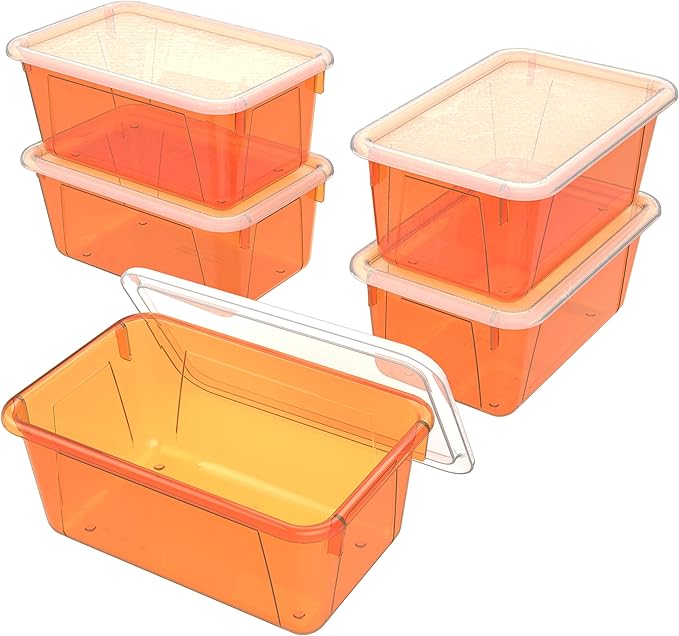 Storex Small Cubby Bins – Plastic Storage Containers for Classroom with Non-Snap Lid, 12.2 x 7.8 x 5.1 inches, Tint Orange, 5