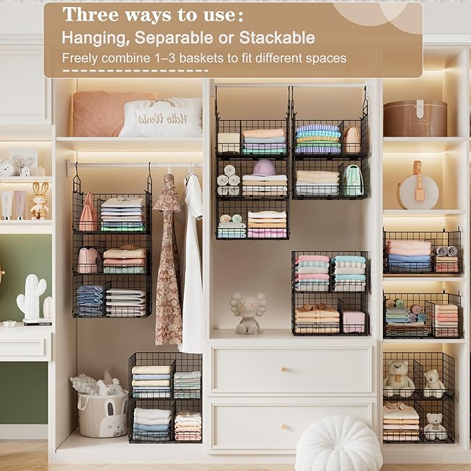 Sonyabecca 3-Tier Extra Large Closet Hanging Organizer with Dividers, Clothes Hanging Shelves with 2 Hanging Hooks & 5 S-Hook