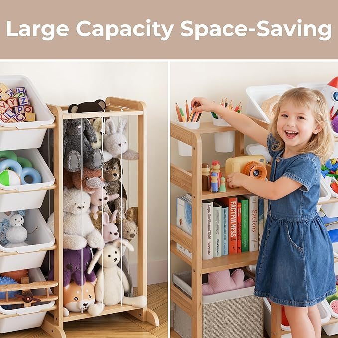 Storage Organizer with Bookshelf and Stuffed Animal Storage - Playroom Organization with Shelves and 12 Bins - Living Room Bo