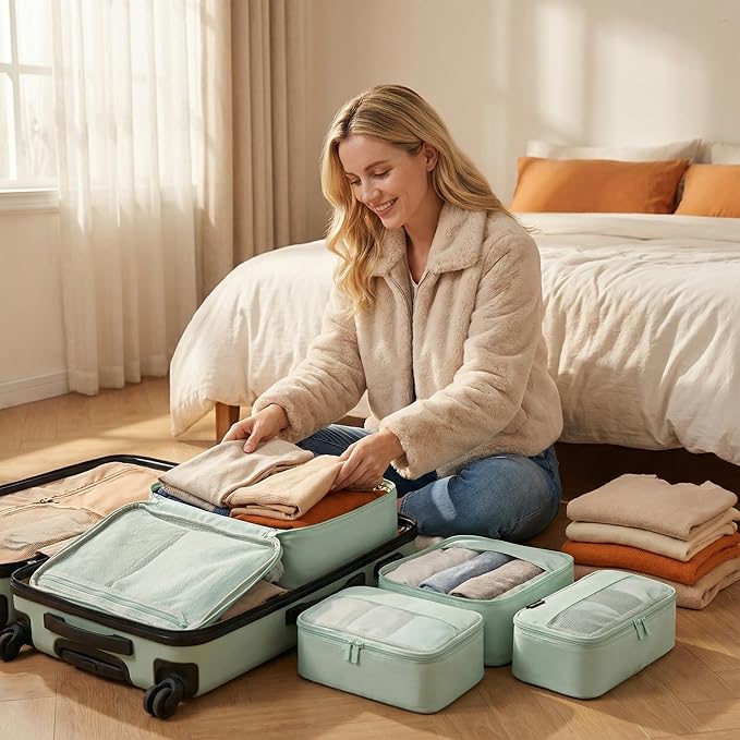 4 Piece Compression Packing Cubes for 3–7 Day Travel, Lightweight Travel Organizers with Breathable Mesh, Double-Zipper Packi